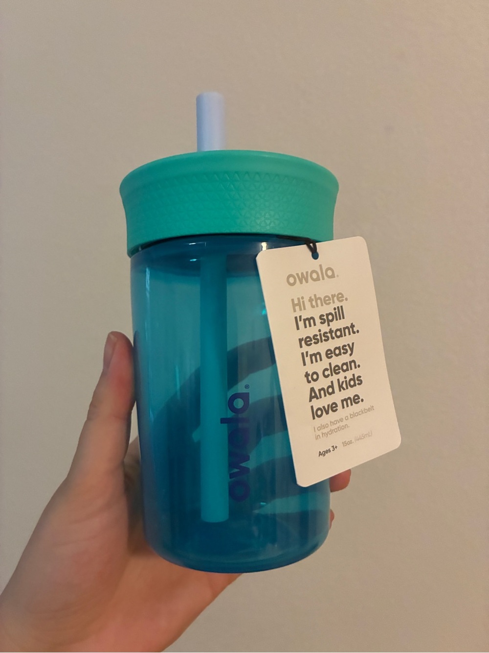 Owala Kids 15 oz Plastic Tumbler Blue Lagoon Spill Resistant Straw Cup New